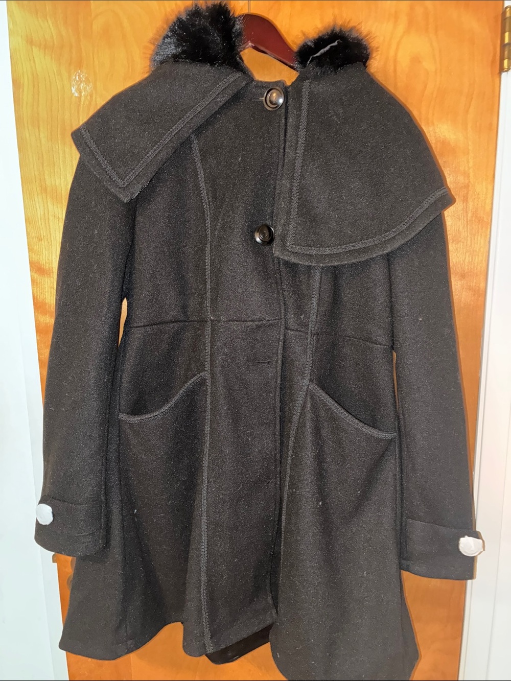 Kill Star Women's Black Wool Blend Coat with Faux Fur Collar XXL